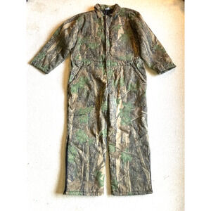 Mens Hunting Suit-TREBARK-brown/green Camo Insulated Coveralls front zip-XXL